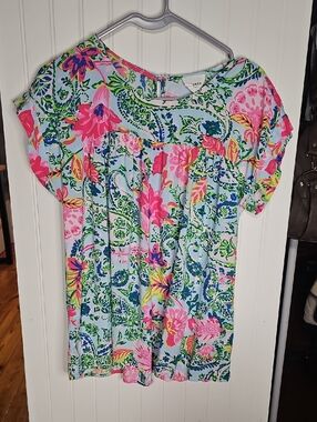 ANDREE BY UNIT Floral Paisley Pink Blue Green Short Sleeve Blouse